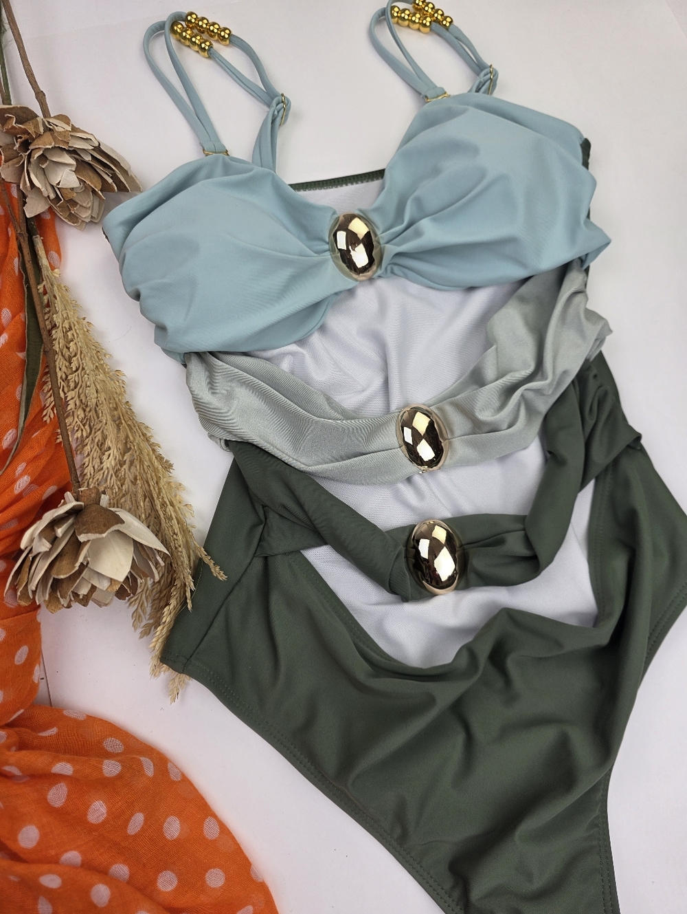 Stacked One-Piece Swimsuits with Gem Accents - Sage, Mint, Olive Sz L - Picture 8 of 16